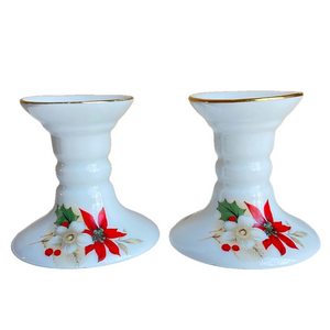 Christmas candlestick holders poinsettia and holly Vintage porcelain gold trim